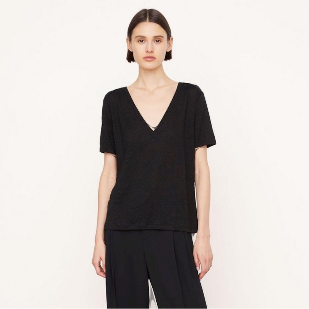 Vince Black Relaxed Short Sleeve Linen V-Neck T-Shirt